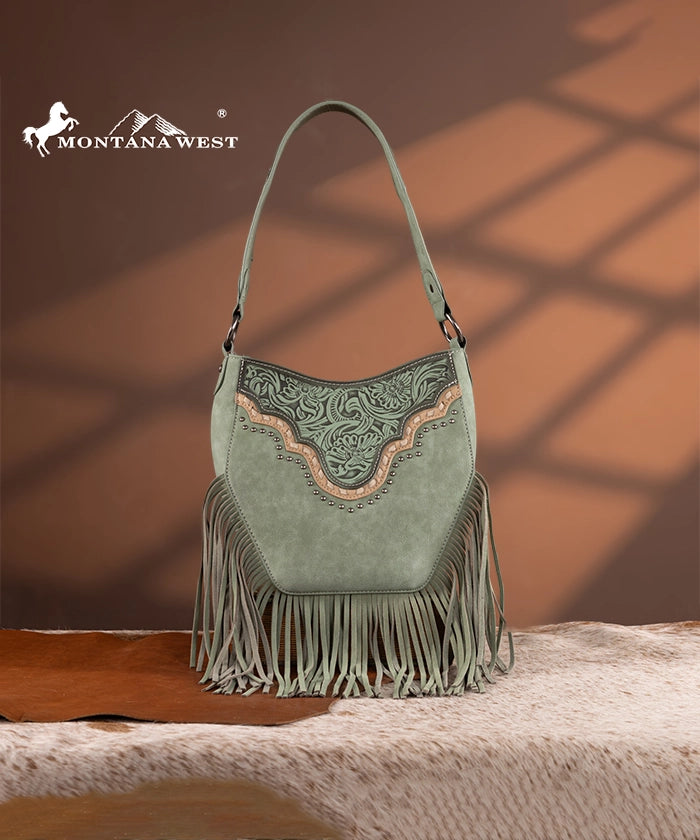 Montana West Floral Tooled Fringe Shoulder Bag Green