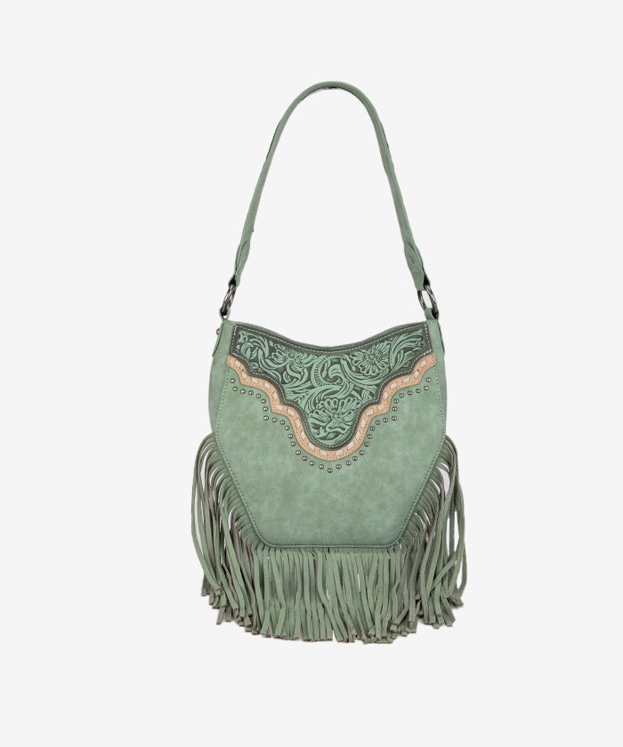 Montana West Floral Tooled Fringe Shoulder Bag Green