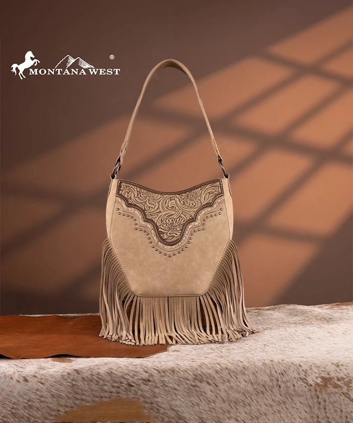 Montana West Floral Tooled Fringe Shoulder Bag Tan