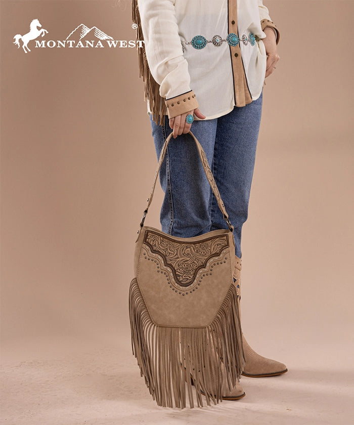 Montana West Floral Tooled Fringe Shoulder Bag Tan