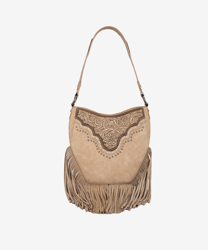 Montana West Floral Tooled Fringe Shoulder Bag Tan