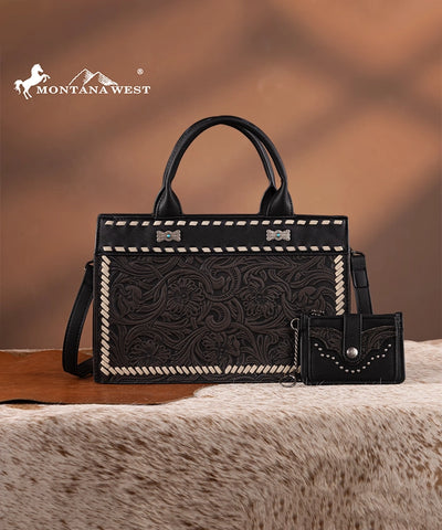 Montana West Floral Tooled Tote Bag Black