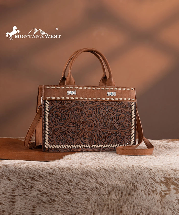 Montana West Floral Tooled Tote Bag  Brown