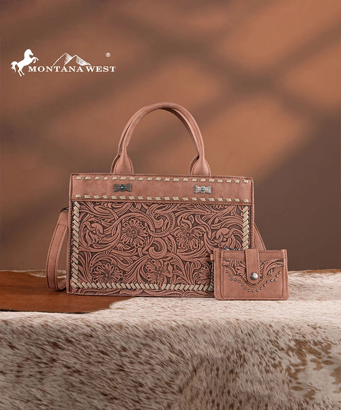 Montana West Floral Tooled Tote Bag Dark Pink