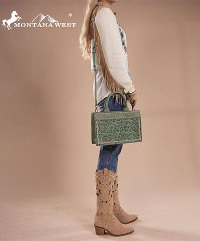 Montana West Floral Tooled Tote Bag Green