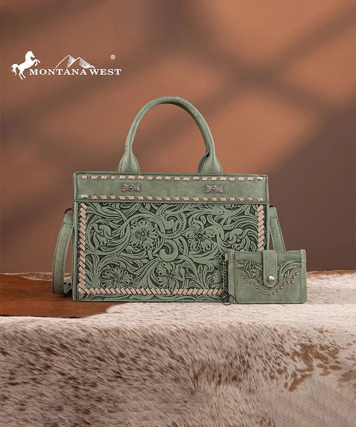 Montana West Floral Tooled Tote Bag Green