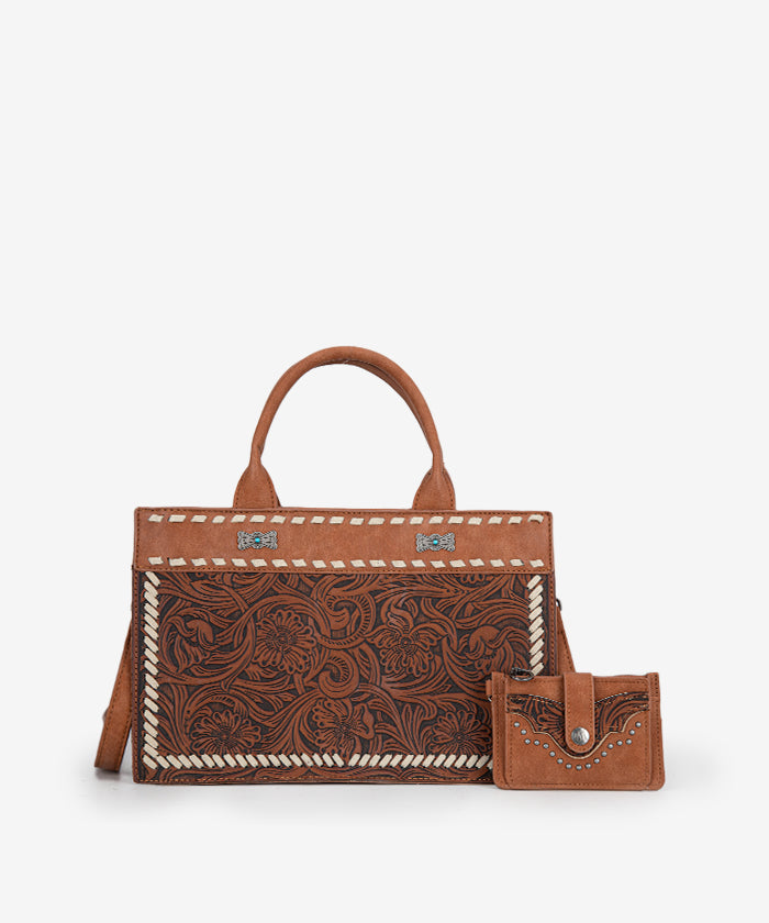 Montana West Floral Tooled Tote Bag Set Brown