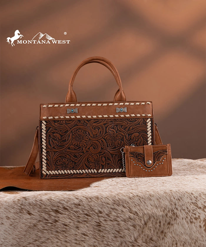 Montana West Floral Tooled Tote Bag Set Brown