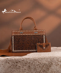 Montana West Floral Tooled Tote Bag Set Brown