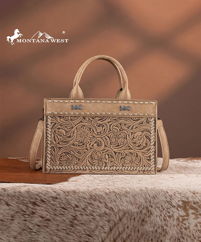 Montana West Floral Tooled Tote Bag Tan