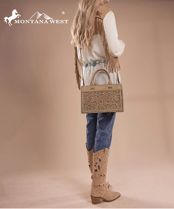 Montana West Floral Tooled Tote Bag Tan