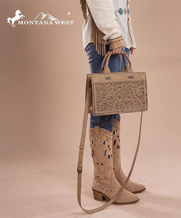 Montana West Floral Tooled Tote Bag Tan