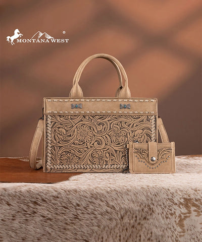 Montana West Floral Tooled Tote Bag Tan