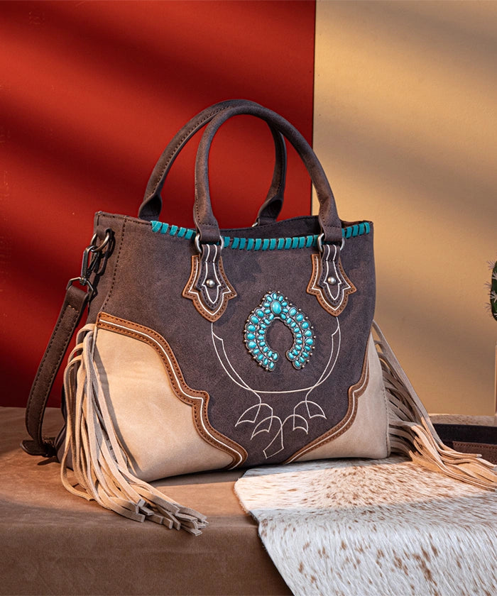 Montana West Fringe Concho Western Purse Set Tan Tote