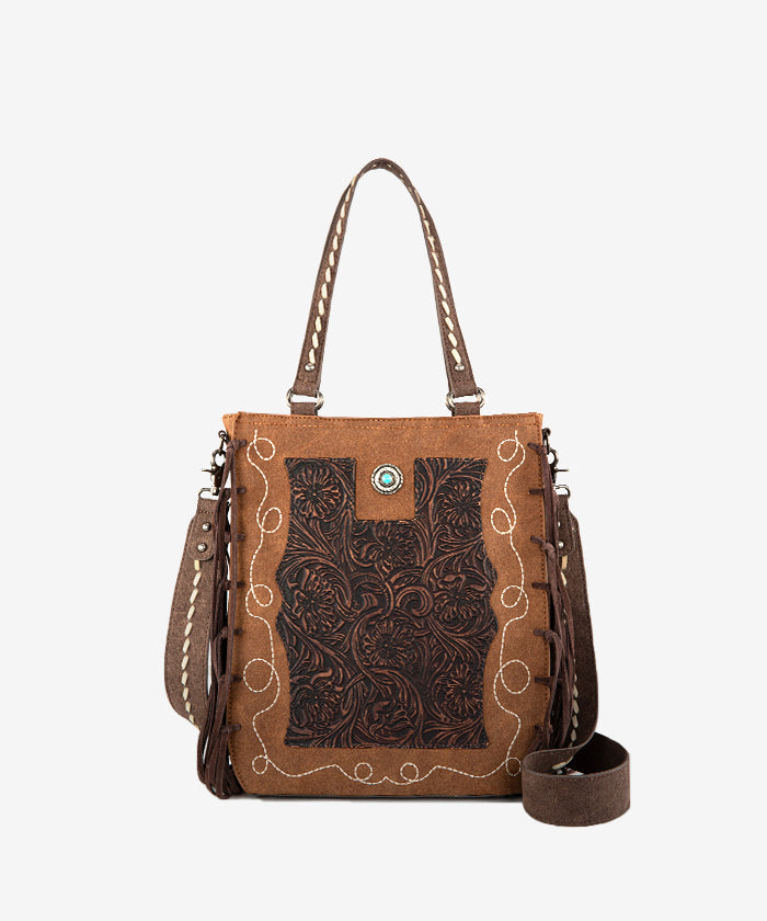 Montana West Genuine Leather Tooled Tote Bag