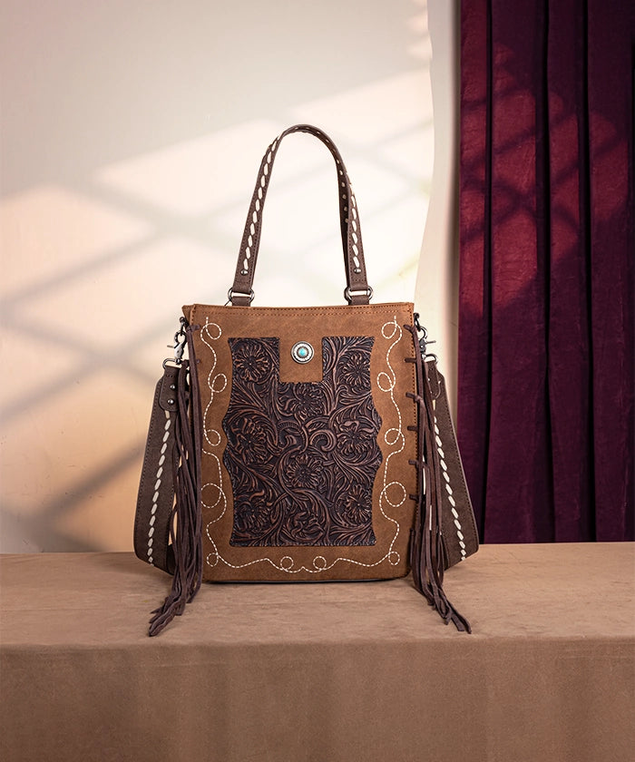 Montana West Genuine Leather Tooled Tote Bag Brown