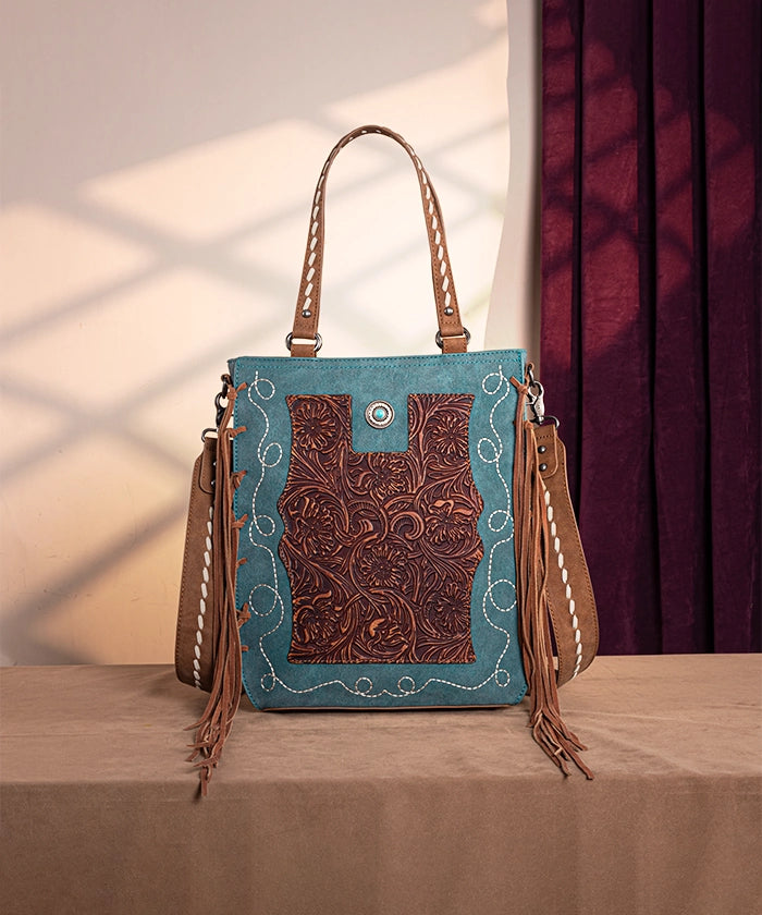 Montana West Genuine Leather Tooled Tote Bag Turquoise