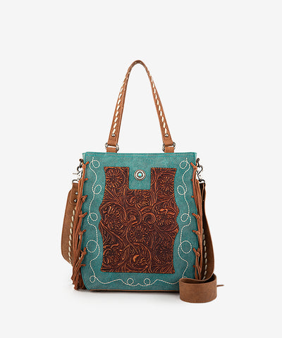 Montana West Genuine Leather Tooled Tote Bag Turquoise