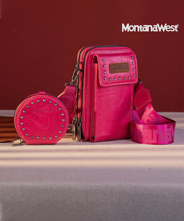 Montana West Studded Cell Phone Crossbody Purse Hot Pink