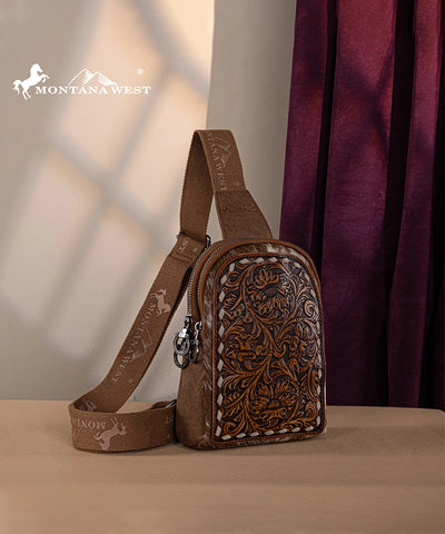 Montana West Tooled Concealed Carry Sling Bag Brown