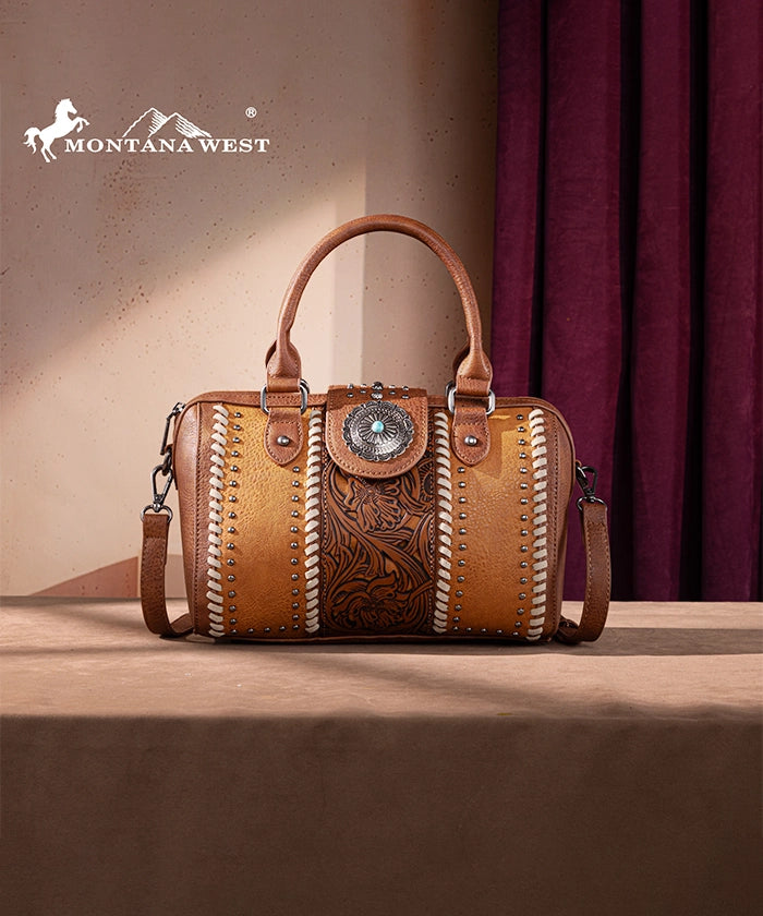 Montana West Tooled Concho Barrel Satchel Bag Brown