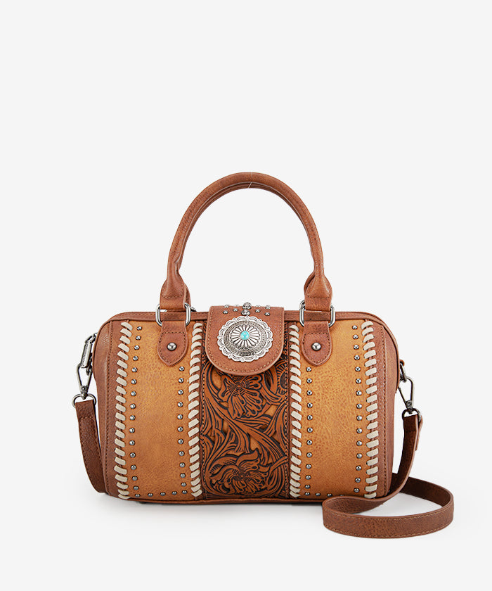 Montana West Tooled Concho Barrel Satchel Bag Brown