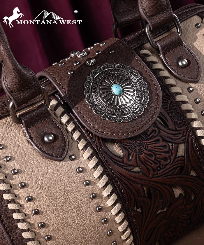 Montana West Tooled Concho Barrel Satchel Bag Coffee