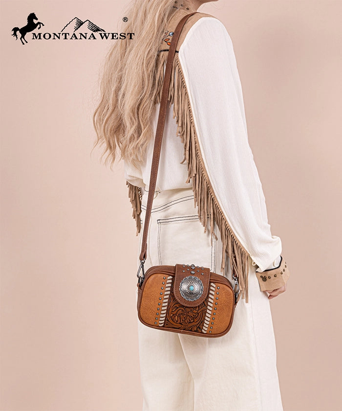 Montana West Tooled Concho Crossbody Bag Brown