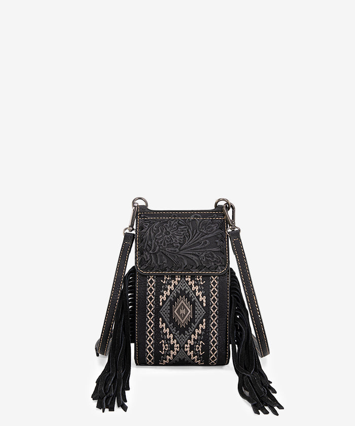 Montana West Tooled Fringe Phone Purse Black