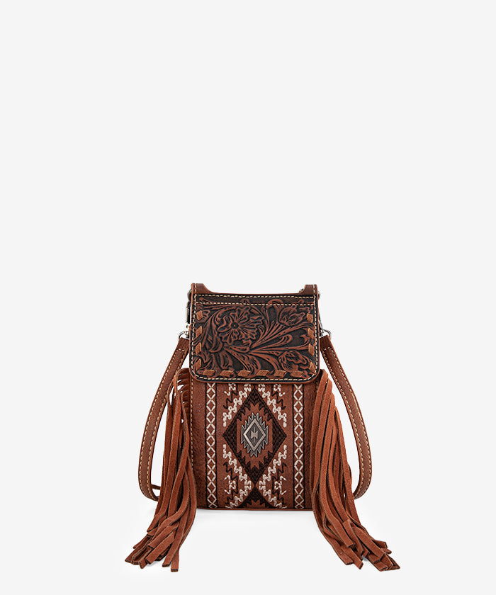 Montana West Tooled Fringe Phone Purse Brown