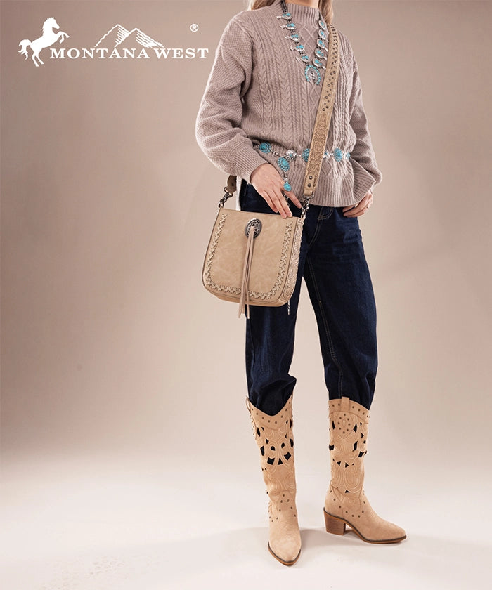 Montana West Tooled Whipstitch Crossbody Purse Tan