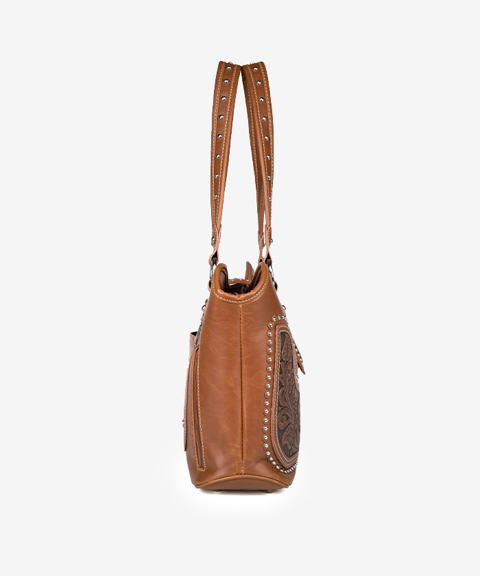 Montana West Tooling Studded Concealed Carry Handbag Brown