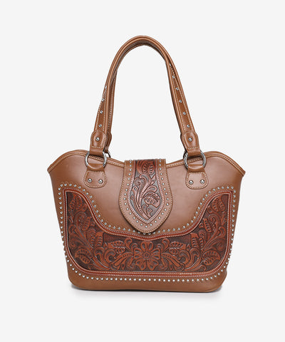 Montana West Tooling Studded Concealed Carry Handbag Brown