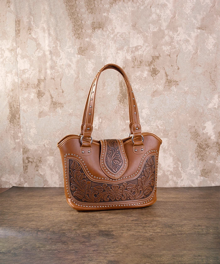 Montana West Tooling Studded Concealed Carry Handbag Brown