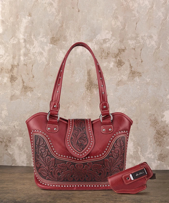 Montana West Tooling Studded Concealed Carry Handbag Red