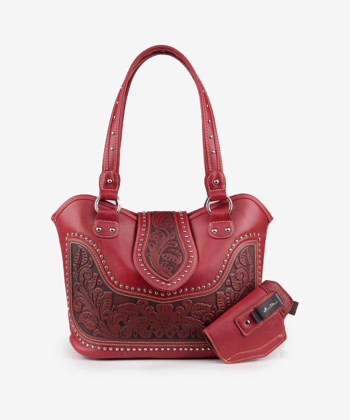 Montana West Tooling Studded Concealed Carry Handbag Red 