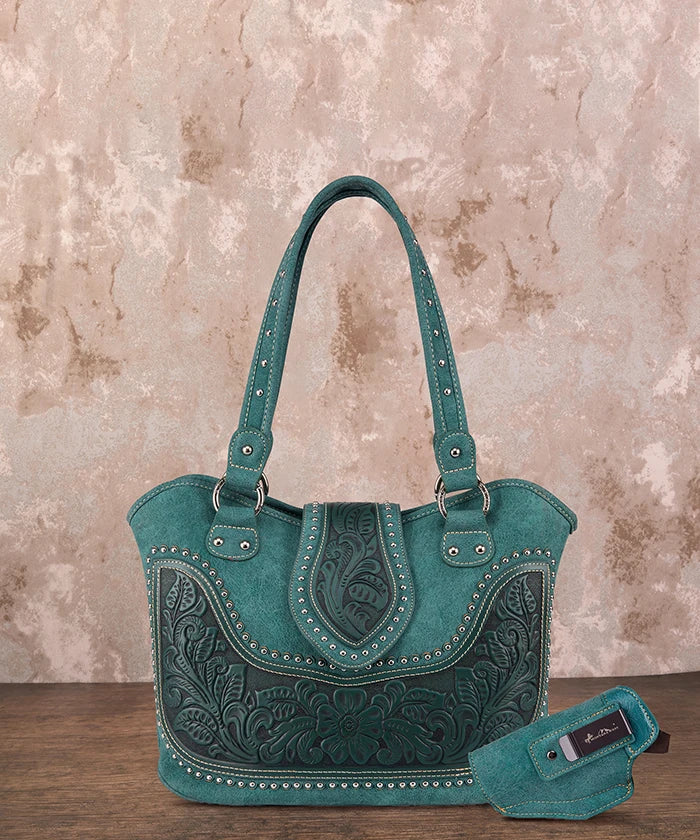 Montana West Tooling Studded Concealed Carry Handbag Turquoise