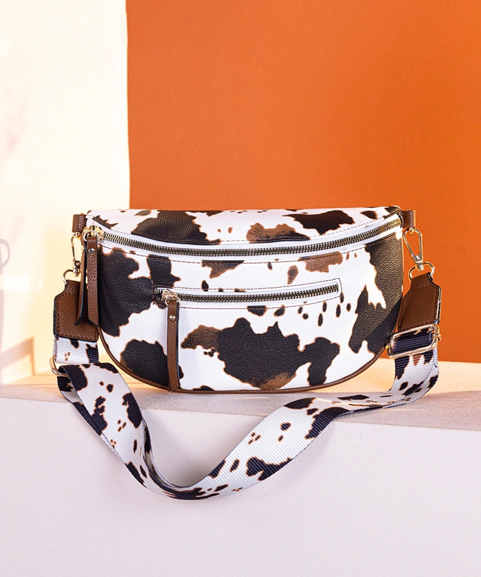 Montana West Cow Print Zip Fanny Pack Black