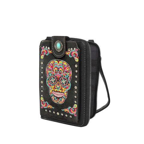 American Bling Embroidered Sugar Skull Crossbody Phone Wallet - Montana West World