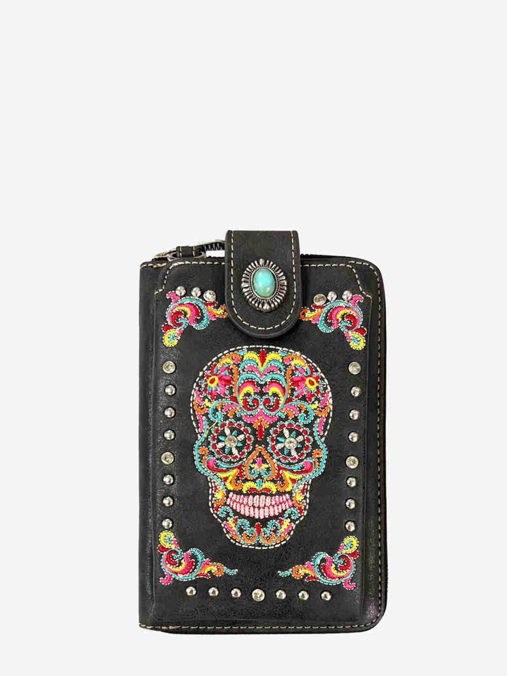 American Bling Embroidered Sugar Skull Crossbody Phone Wallet - Montana West World