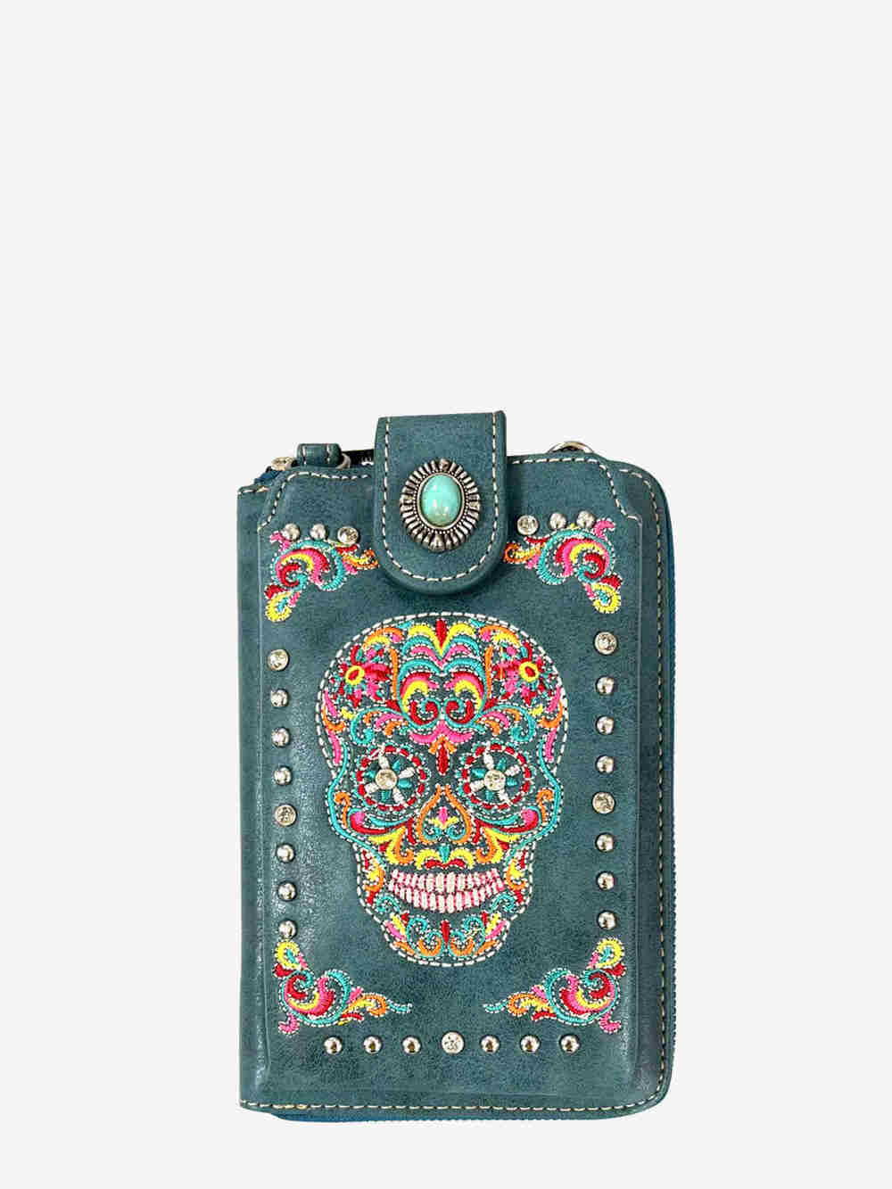 American Bling Turquoise Embroidered Sugar Skull Crossbody Phone Wallet - Montana West World