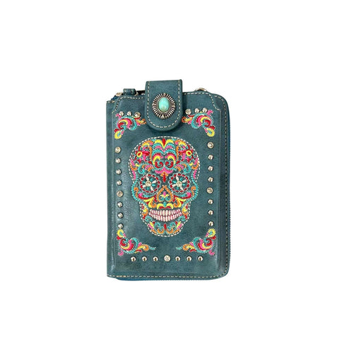 American Bling Embroidered Sugar Skull Crossbody Phone Wallet - Montana West World