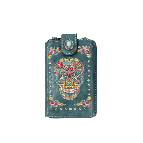 American Bling Turquoise Embroidered Sugar Skull Crossbody Phone Wallet - Montana West World