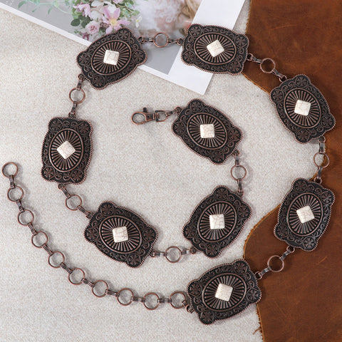 RCB-1039  Rustic Couture Etched Square  Stone Centered Concho Link Chain Belt