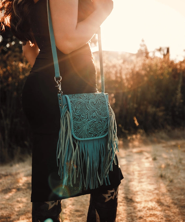Montana West Genuine Leather Floral Fringe Crossbody