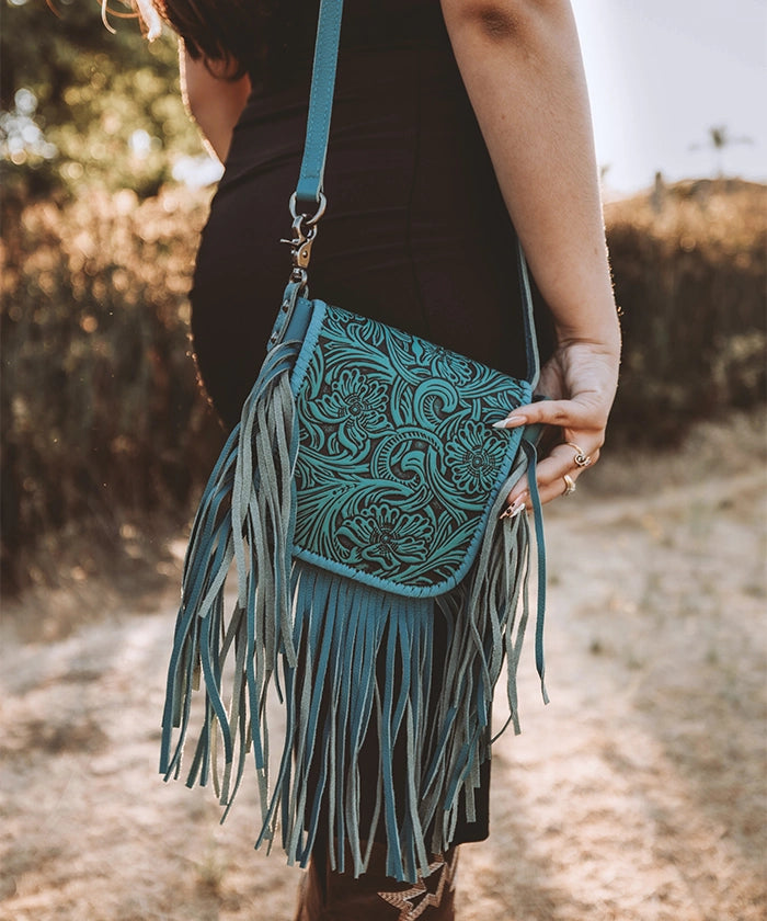 Montana West Genuine Leather Floral Fringe Crossbody