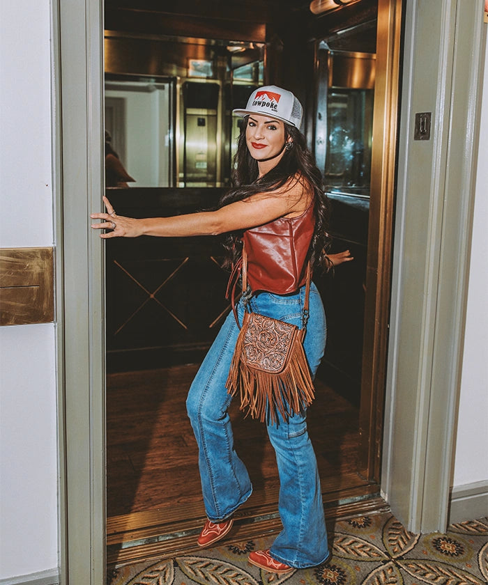 Montana West Genuine Leather Floral Fringe Crossbody
