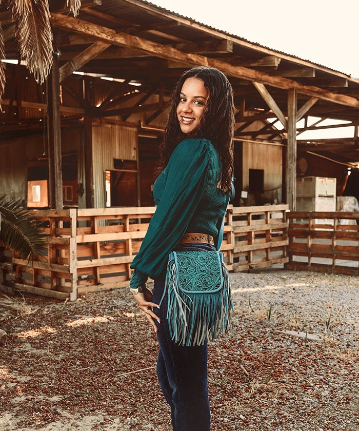Montana West Genuine Leather Floral Fringe Crossbody-Country Glam Outfits