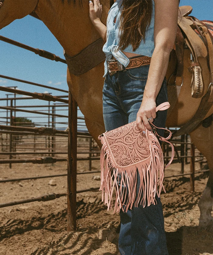 Montana West Genuine Leather Floral Fringe Crossbody