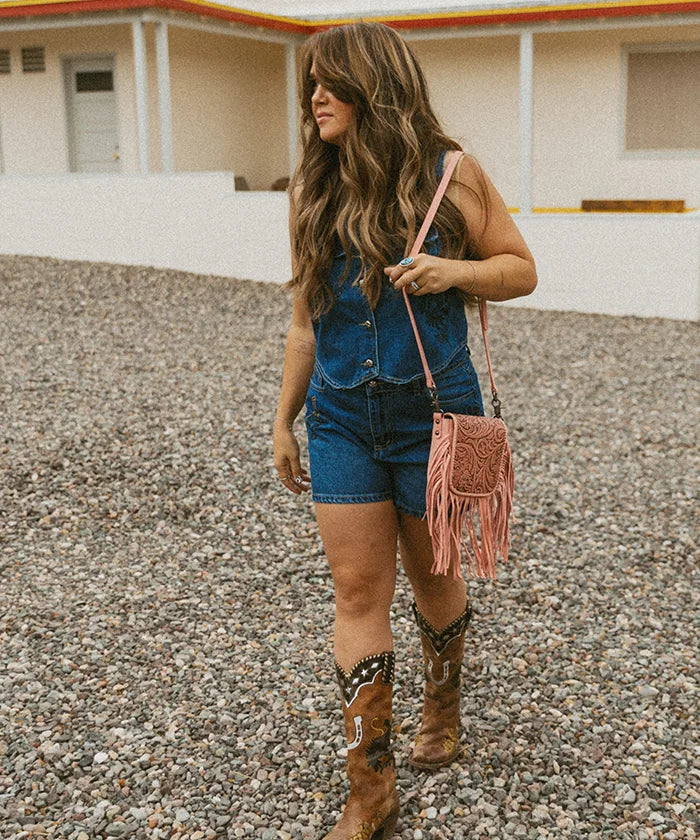Montana West Genuine Leather Floral Fringe Crossbody